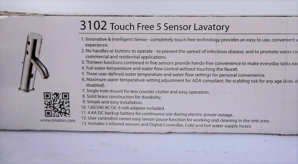 Cinaton 3102 CP Touch Free 5 Sensor Lavatory Isense Chrome Bathroom Faucet NEW!