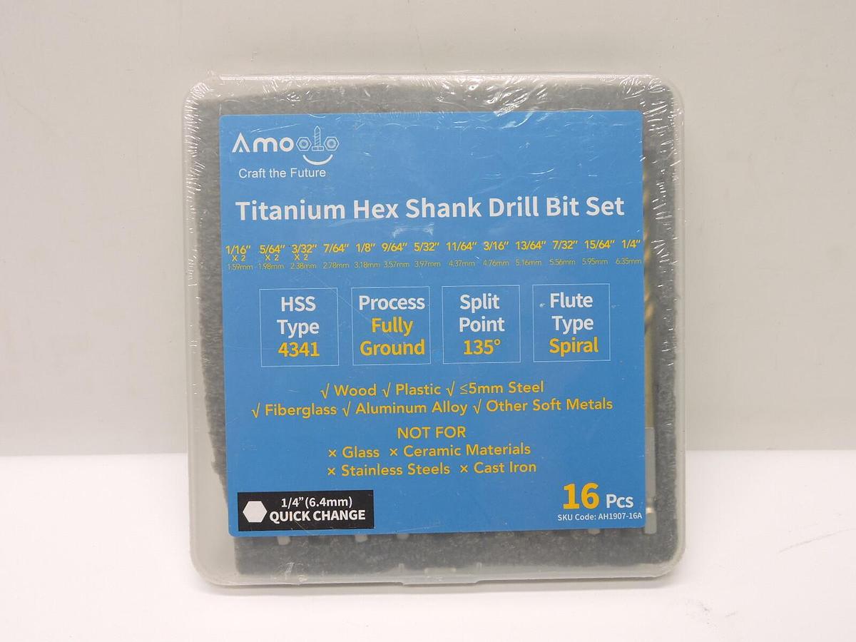 Amoolo Impact Drill Bit Set, 16pcs Titanium HSS Twist Hex Shank (1/16”-1/4”) NEW