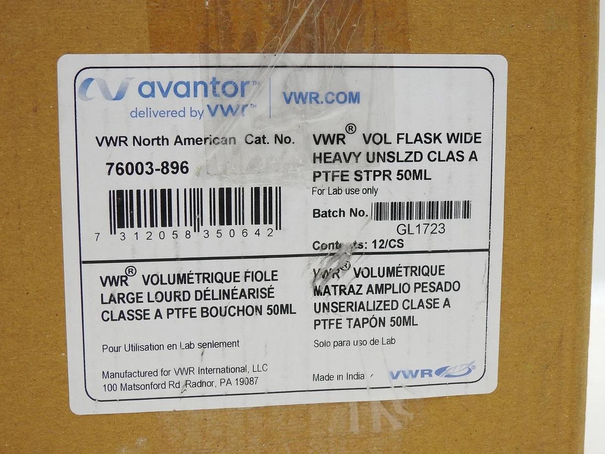 12/pcs VWR Volumetric Flask Clear Glass, Wide Neck Unserialized 51x130 mm, 50 ml