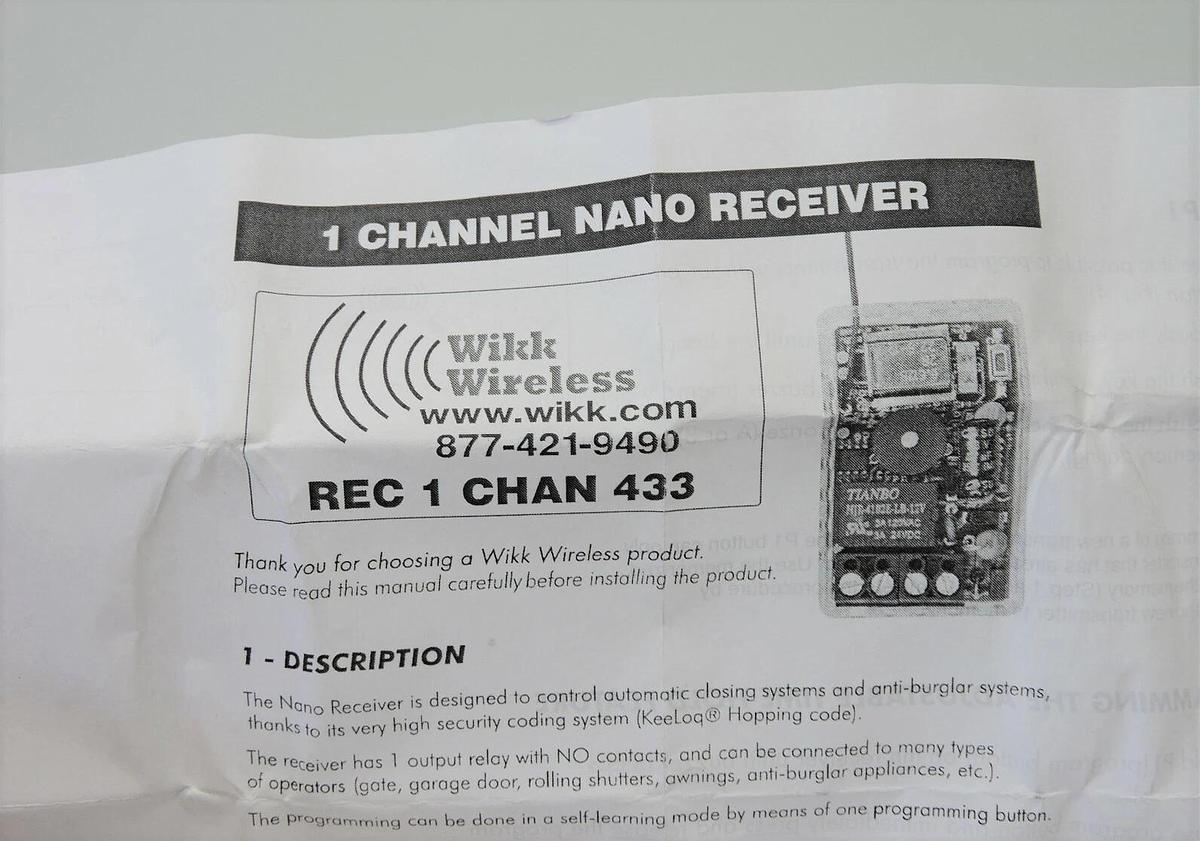WIKK Wireless REC 1 CHAN 433 Nano Receiver 1 Channel 433 433.92 MHz Relay Radio