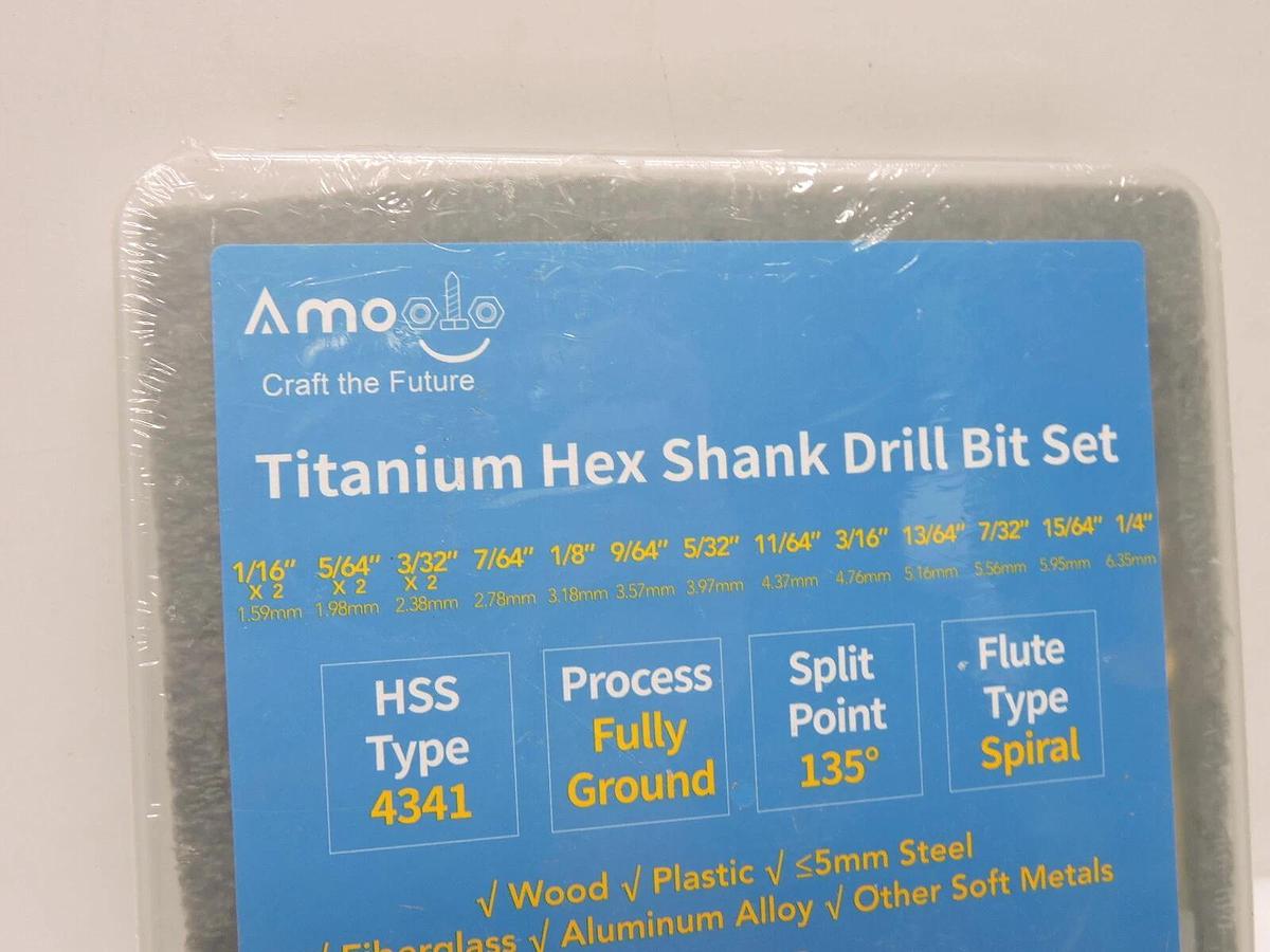 Amoolo Impact Drill Bit Set, 16pcs Titanium HSS Twist Hex Shank (1/16”-1/4”) NEW