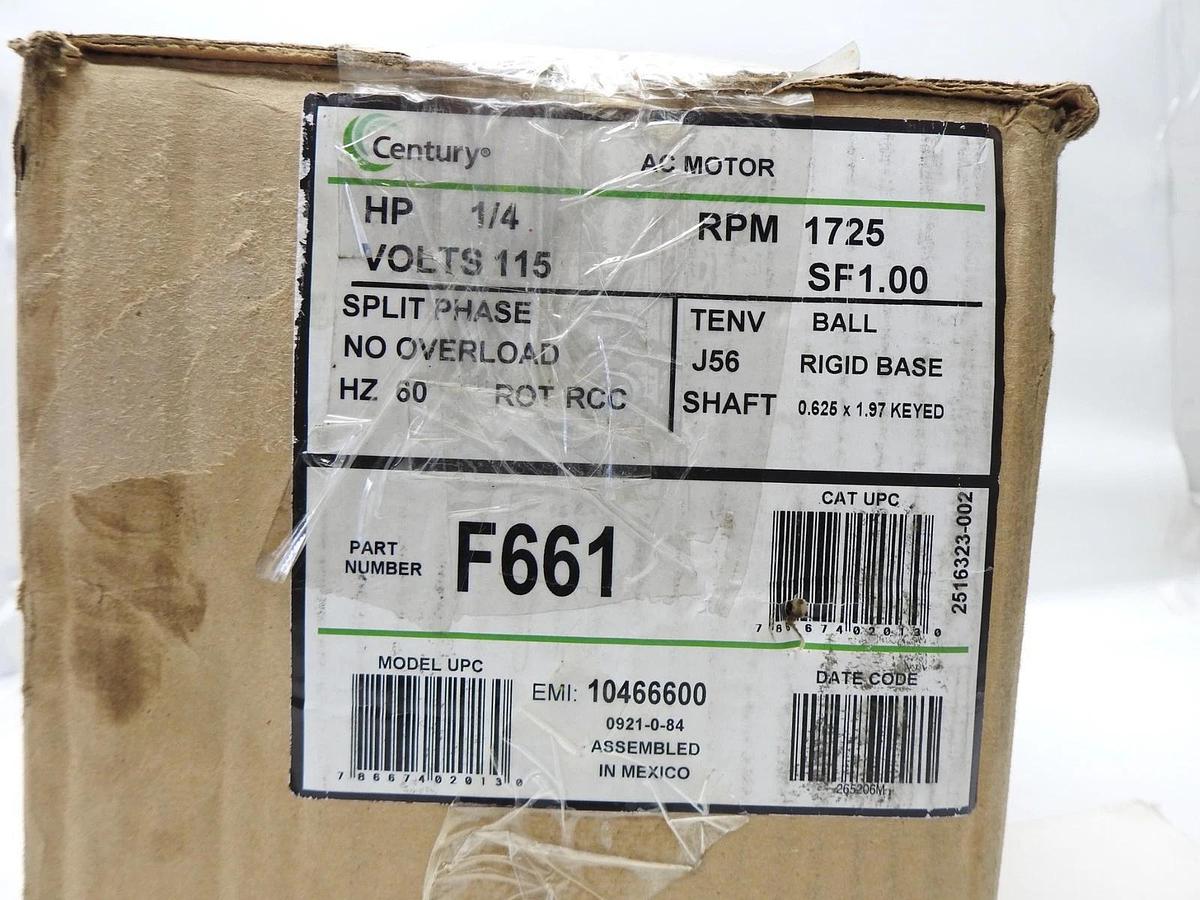 Century F661 Fan and Blower Motor 1/4 HP, 1 Ph, 60 Hz, 115 V, 1800 RPM -BULK NEW
