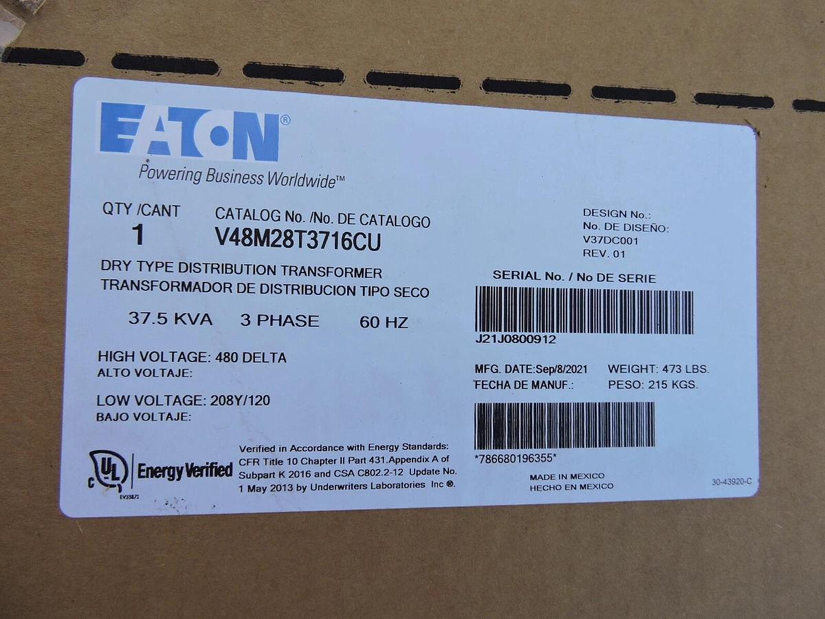 Eaton Cutler Hammer V48M28T3716CU 37.5 KVA, 3 Phase, 60 Hz Transformer NEW!