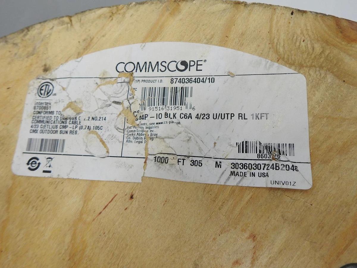 1000’ REEL Commscope 874036404/10 UTP, CAT 6A, CMP, COMMERCIAL, 23/4PR BLACK NEW