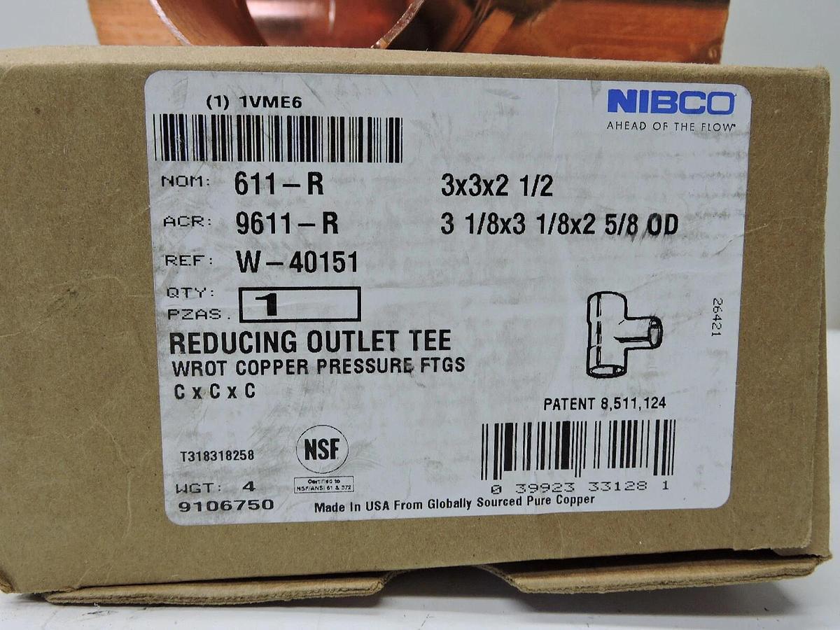 Nibco 611R 3X3x21/2 3" X 3" X 2-1/2" Nom C Copper Tee - NEW!