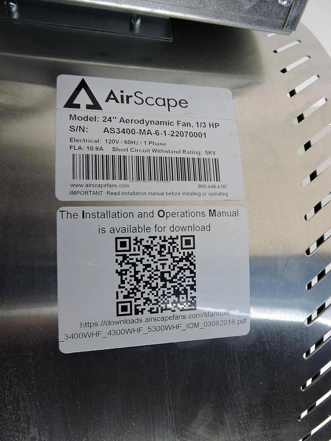AirScape AS3400 24" Aerodynamic Fan 1/3HP, 120v, 60Hz 1 Phase, 5KV