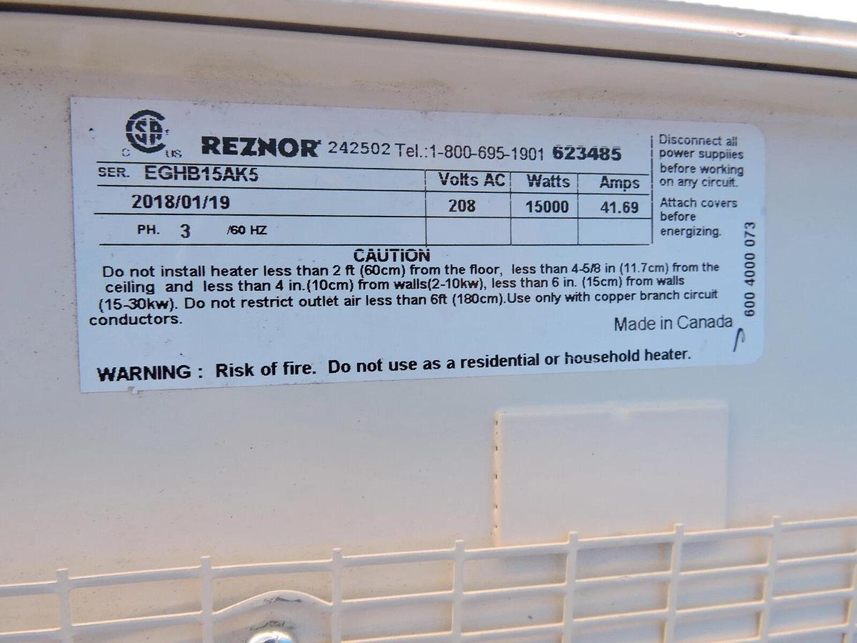 Reznor 51,216 BTU 15 kW Suspended Electric Heater 208V 3 Phase - NEW READ!