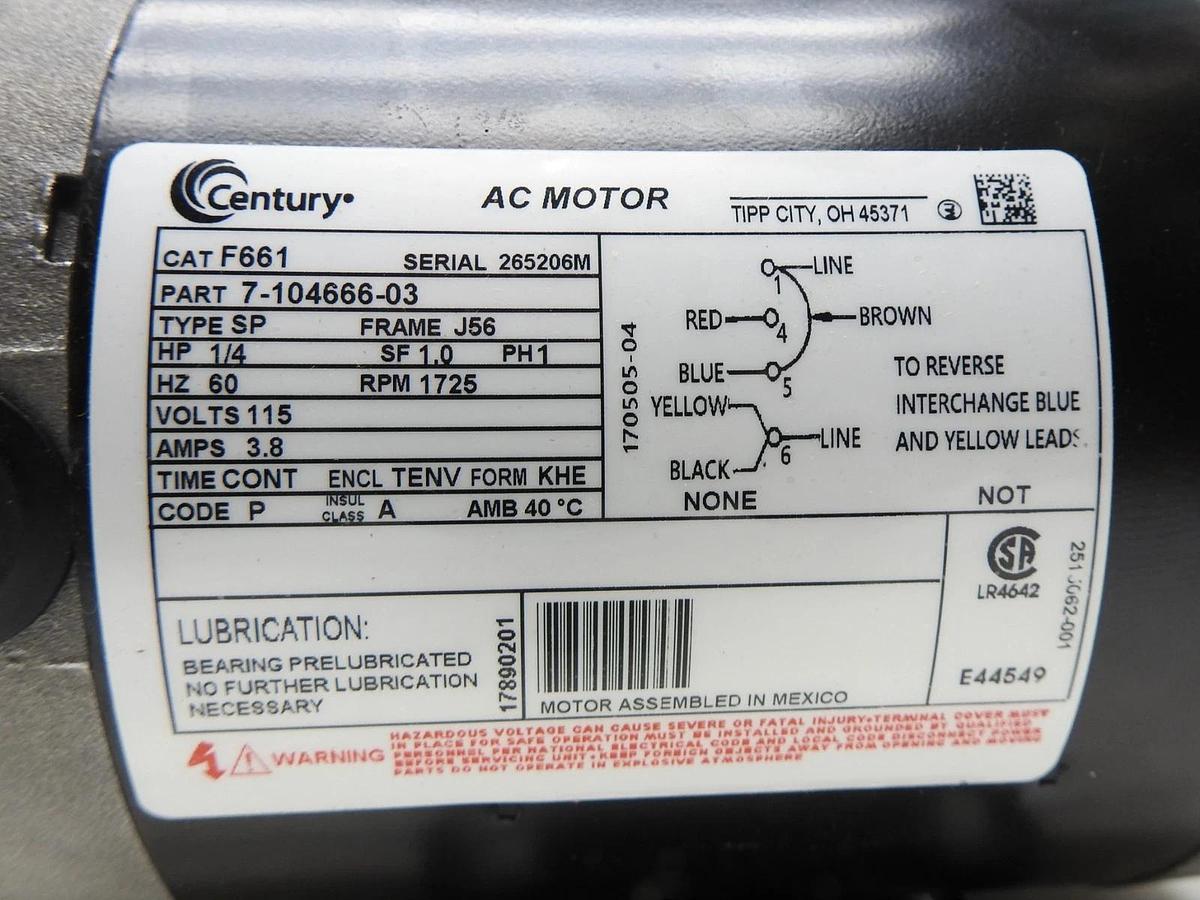 Century F661 Fan and Blower Motor 1/4 HP, 1 Ph, 60 Hz, 115 V, 1800 RPM -BULK NEW
