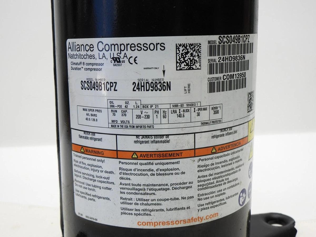 Alliance Compressor SCS049B1CPZ Scroll ZP49K7E-PFV-833 ZP49K7E-PFV 230V- NEW