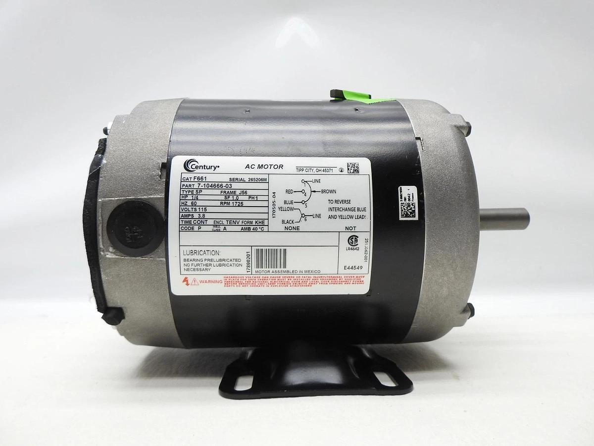 Century F661 Fan and Blower Motor 1/4 HP, 1 Ph, 60 Hz, 115 V, 1800 RPM -BULK NEW