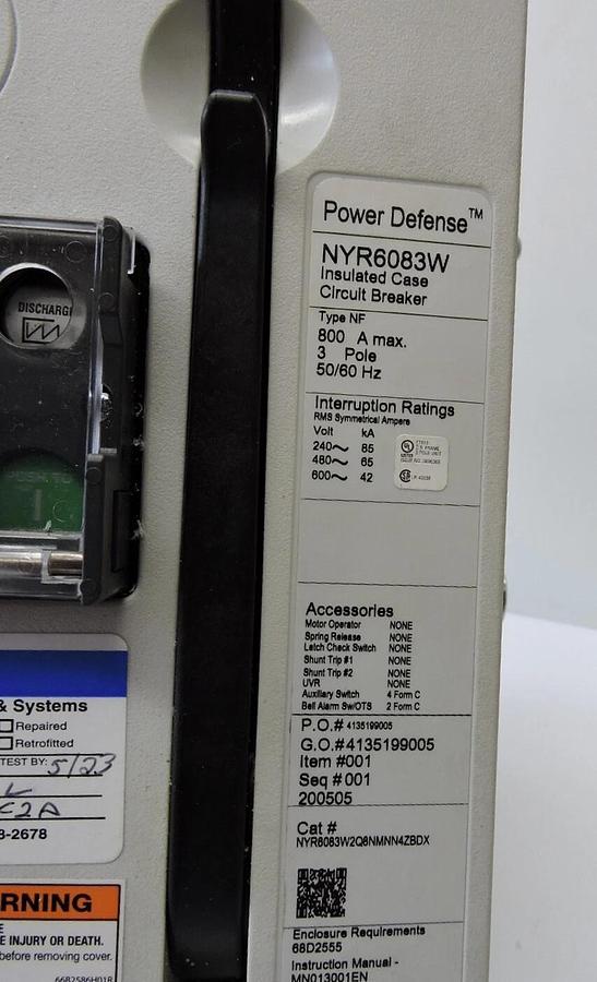 Eaton Power Defense NYR6083W Insulated Case Circuit Breaker 800 A 3 Pole - READ!
