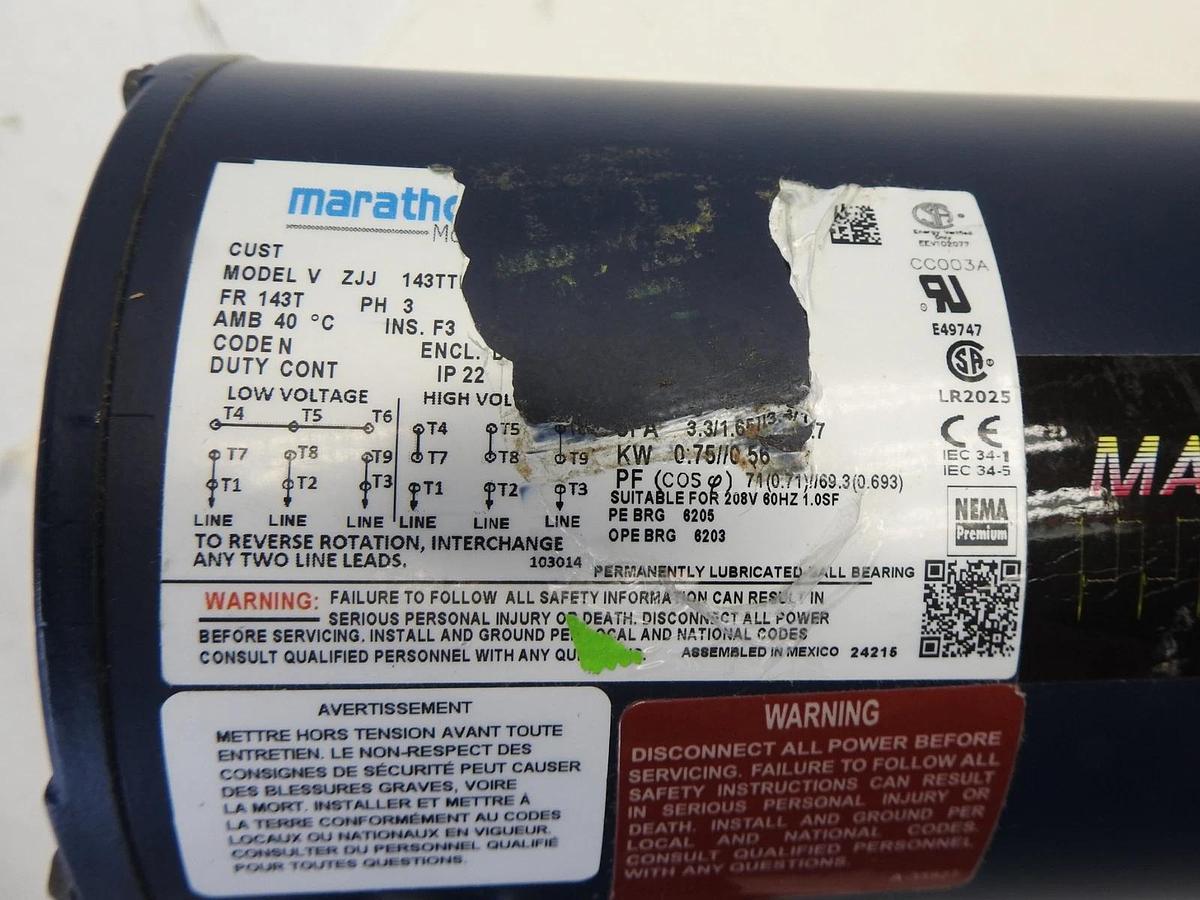 Marathon Electric Motor 143T Series PH 3, 0.75KW 143TTF