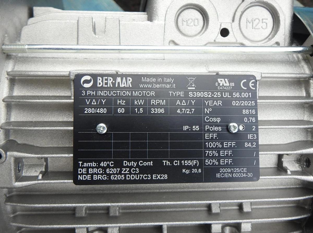 BER-MAR 3PH Induction Motor 60 Hz, 3396 RPM, 1,5 kW, 280/480 TYPE S390S2-25 NEW