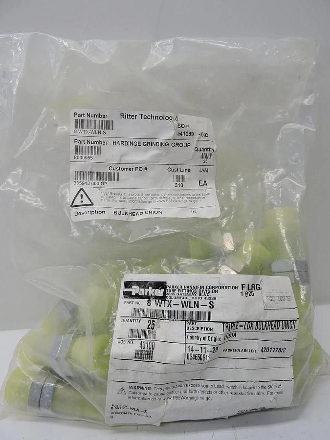 (25 Pack) Parker 8 WTX-WLN-S Triple-Lok Bulkhead Union GENUINE OEM - NEW!