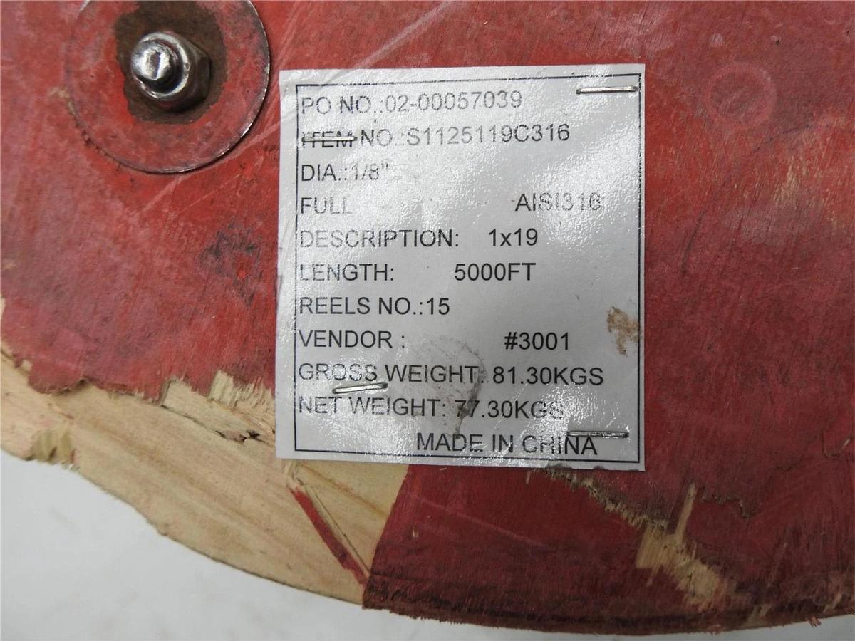 5000' Wire Rope 1x19 Stainless Steel AISI 316 1/8" DIA 5000 Foot Reel