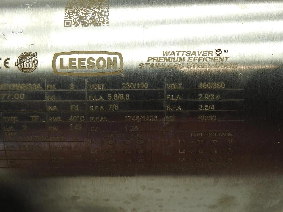 2HP Leeson 121877.00 Washdown Motor 3 Ph 230/190V 460/380V 145TC CZ145T17WK33A