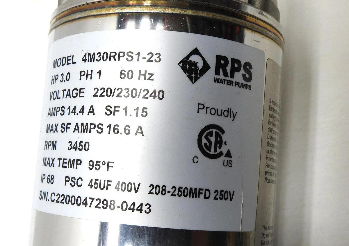 RPS Submersible Well Water Pump 3HP 4M30RPS1-23, PH1, 60Hz, 220/230/240V 3450RPM