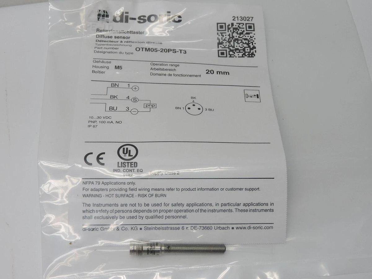 Di-Soric 213027 Diffuse Optical Sensor 0.787" OTM05-20PS-T3