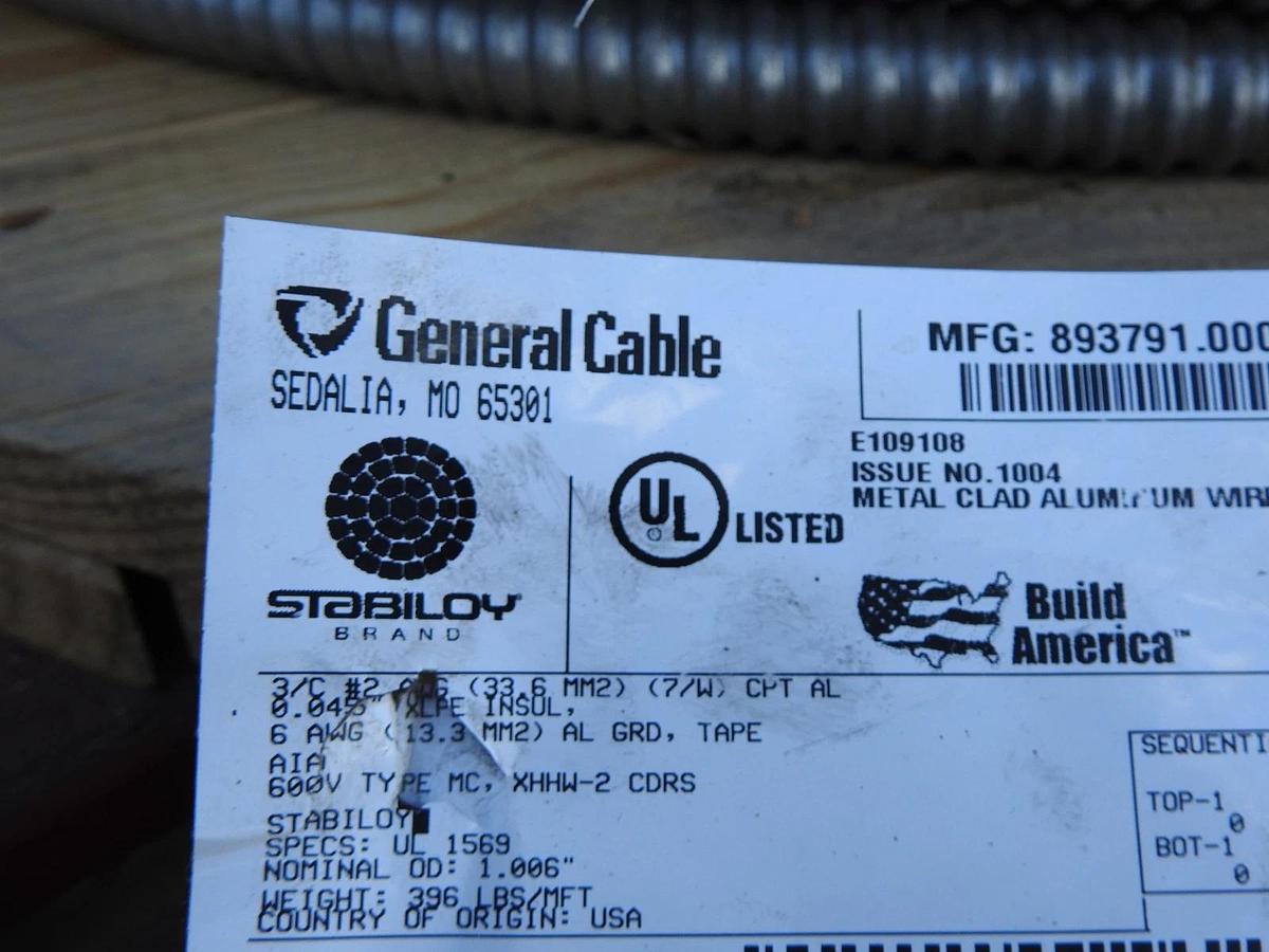 1000' Stabiloy 6/3 w/ Ground Type MC Aluminum Metal Clad Cable 600V XHHW-2 CDRS