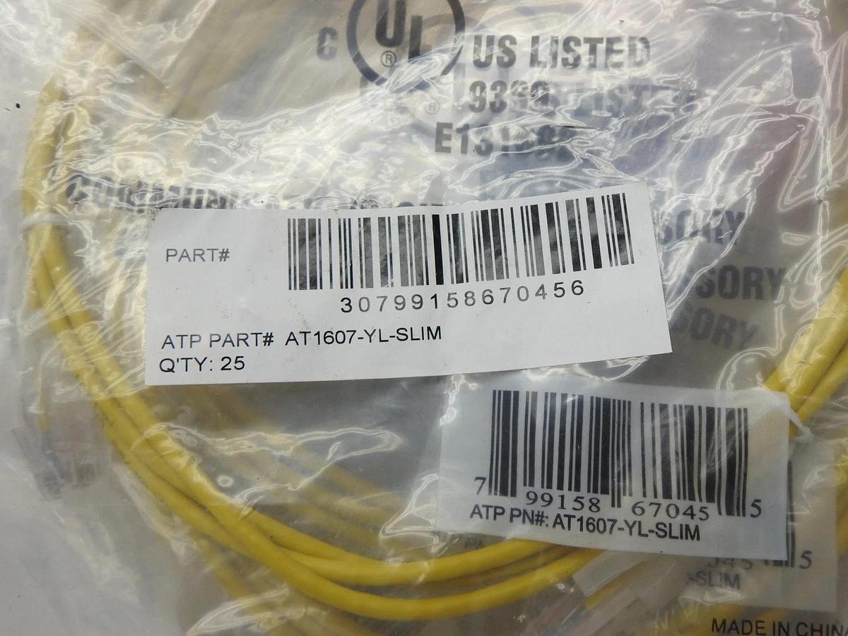 Lot of 25 - Allen Tel AT1607-YL-SLIM AT1607-YL Cat 6 Patch Cable, 7 ft., Yellow