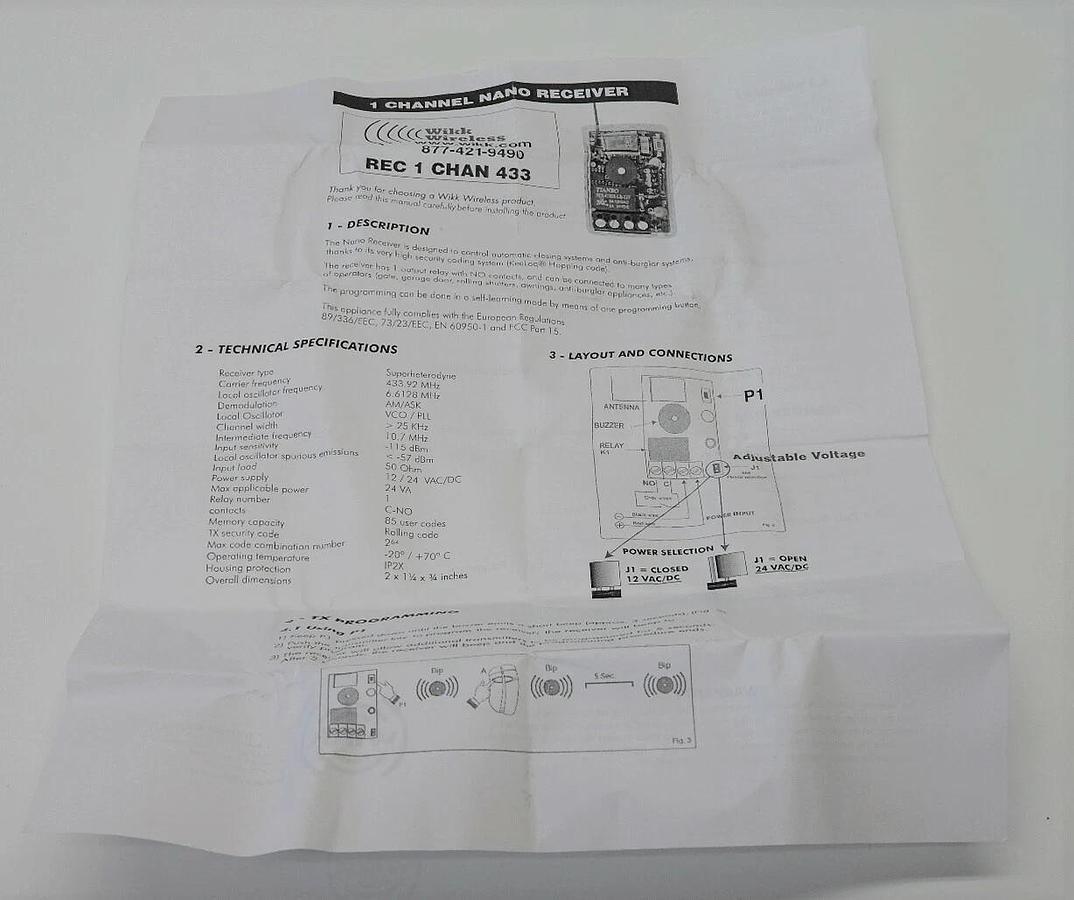 WIKK Wireless REC 1 CHAN 433 Nano Receiver 1 Channel 433 433.92 MHz Relay Radio