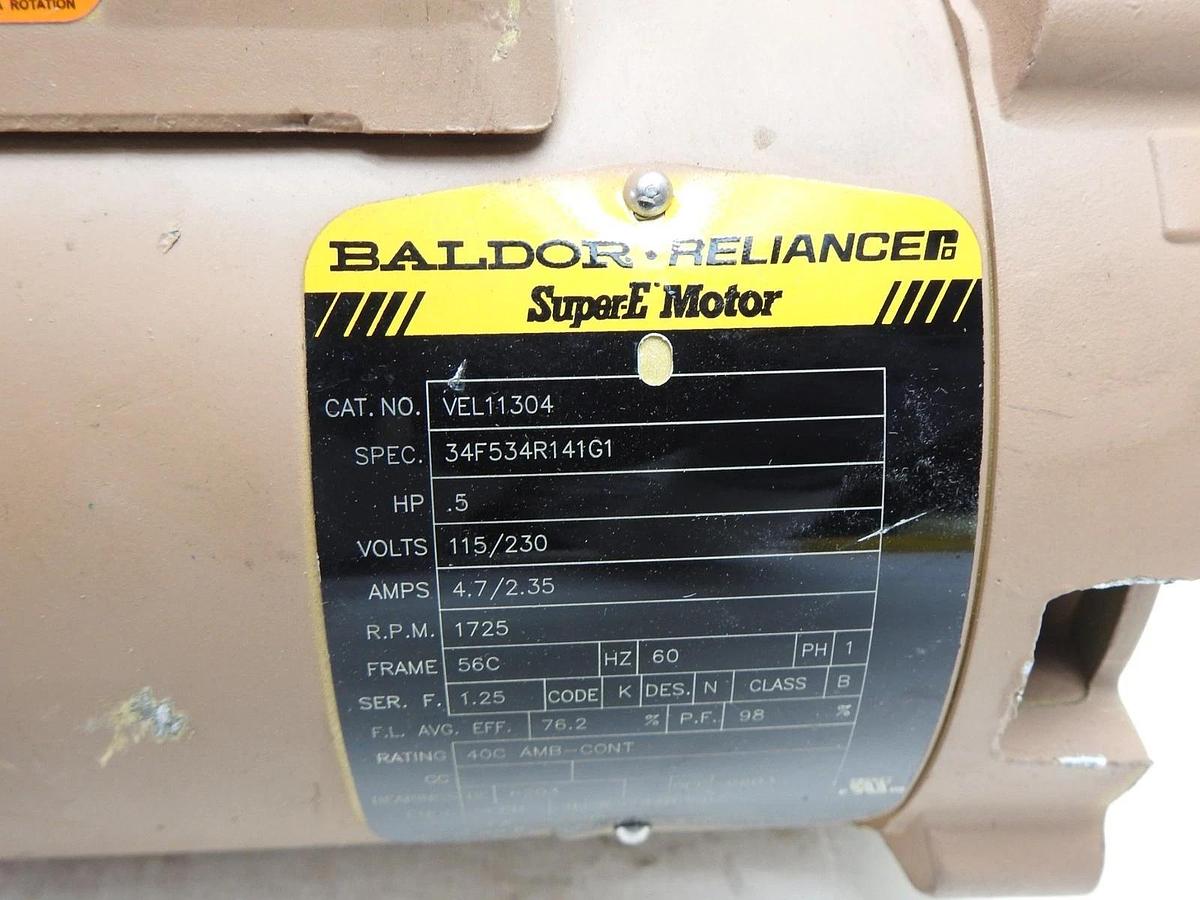 Baldor Reliance VEL11304 34F534R141G1 Super-E Motor .5 HP 115/230V 1PH 60Hz
