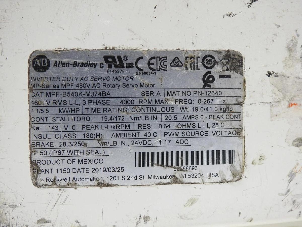 Allen Bradley MPF-B540K-MJ74BA AC Servo Motor - ASIS UNTESTED