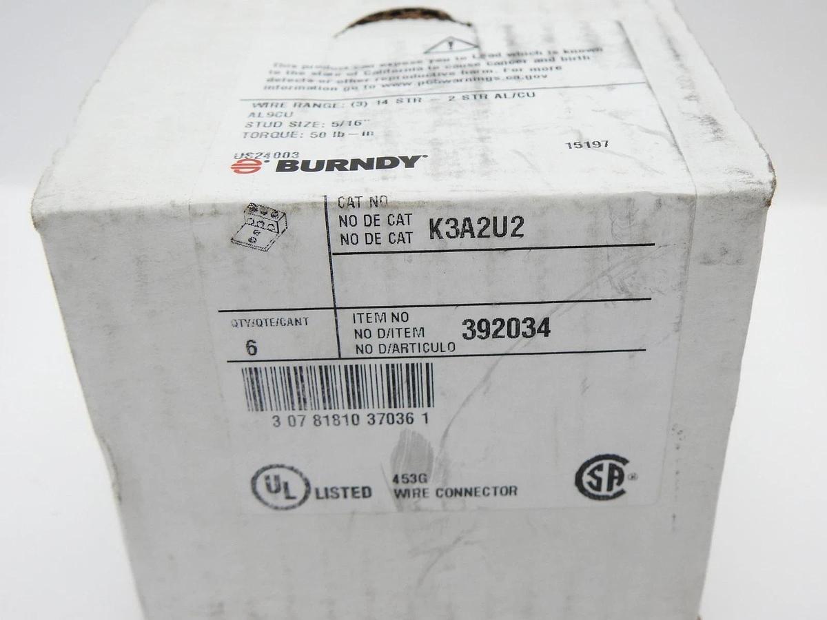 Box of 6 - Burndy K3A2U2 2 to 14 AWG, 3 COND Aluminum Universal Terminal