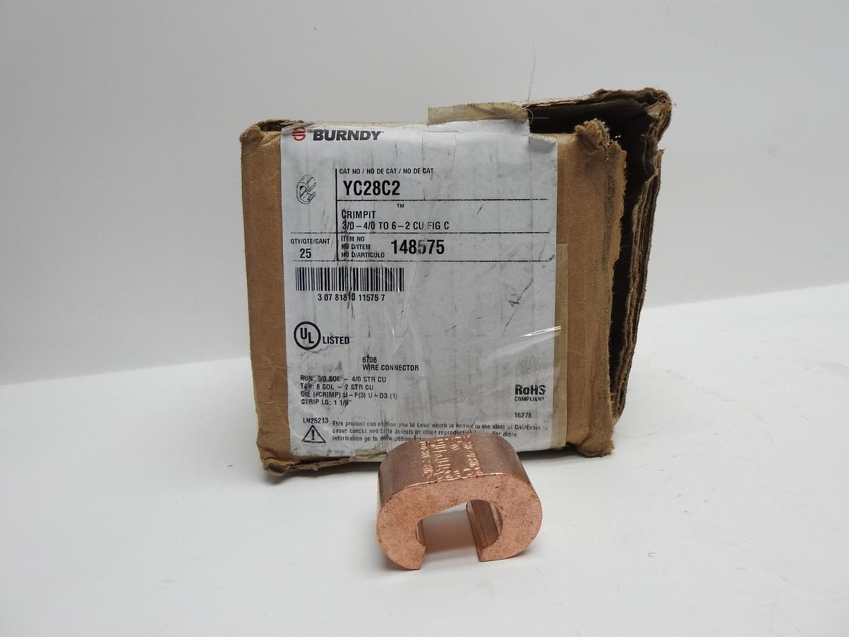 27 p/k - Burndy YC28C2 Copper Crimpit Connector, 3/0 Sol. - 4/0 Str - OEM NEW