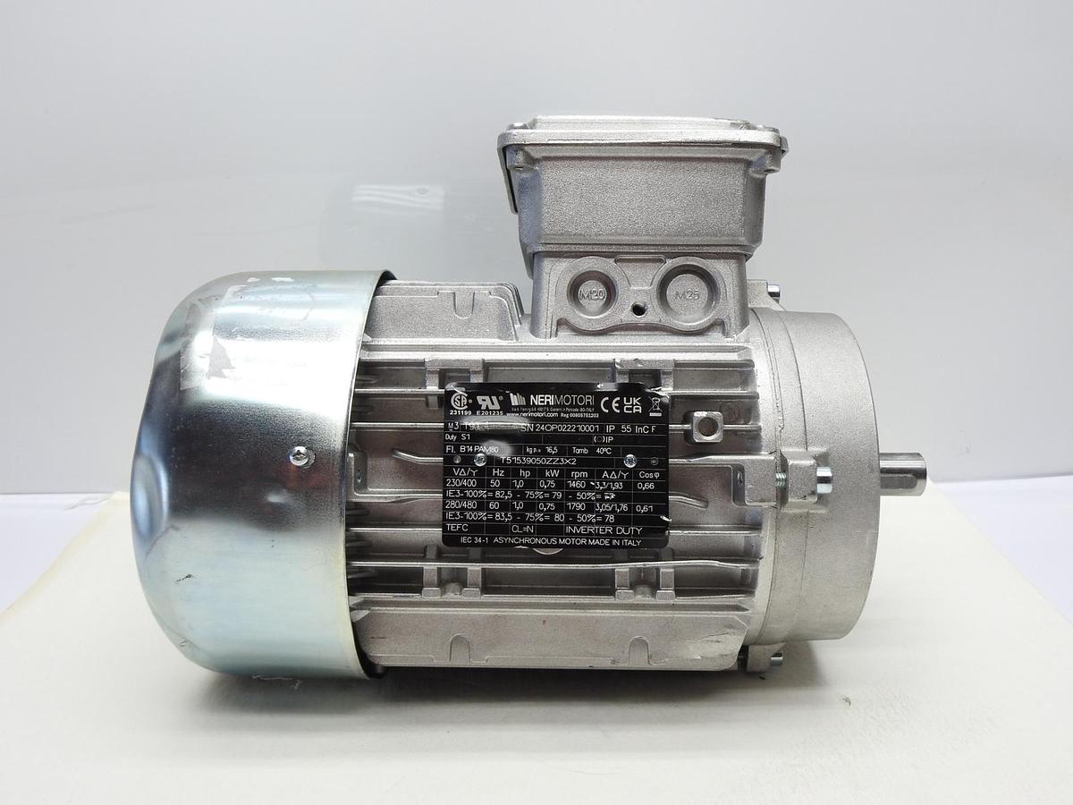 Neri Motor T90L4 1.0 HP, .75 kW, 1460 rpm Asynchronous Motor (Italy) - NEW READ