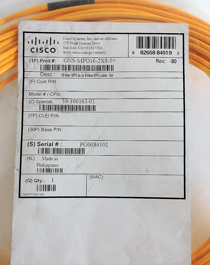 OEM GENUINE- Cisco ONS-MPO16-2X8-5=  (16-Fiber MPO to 2x 8-Fiber MPO Cable - 5M)