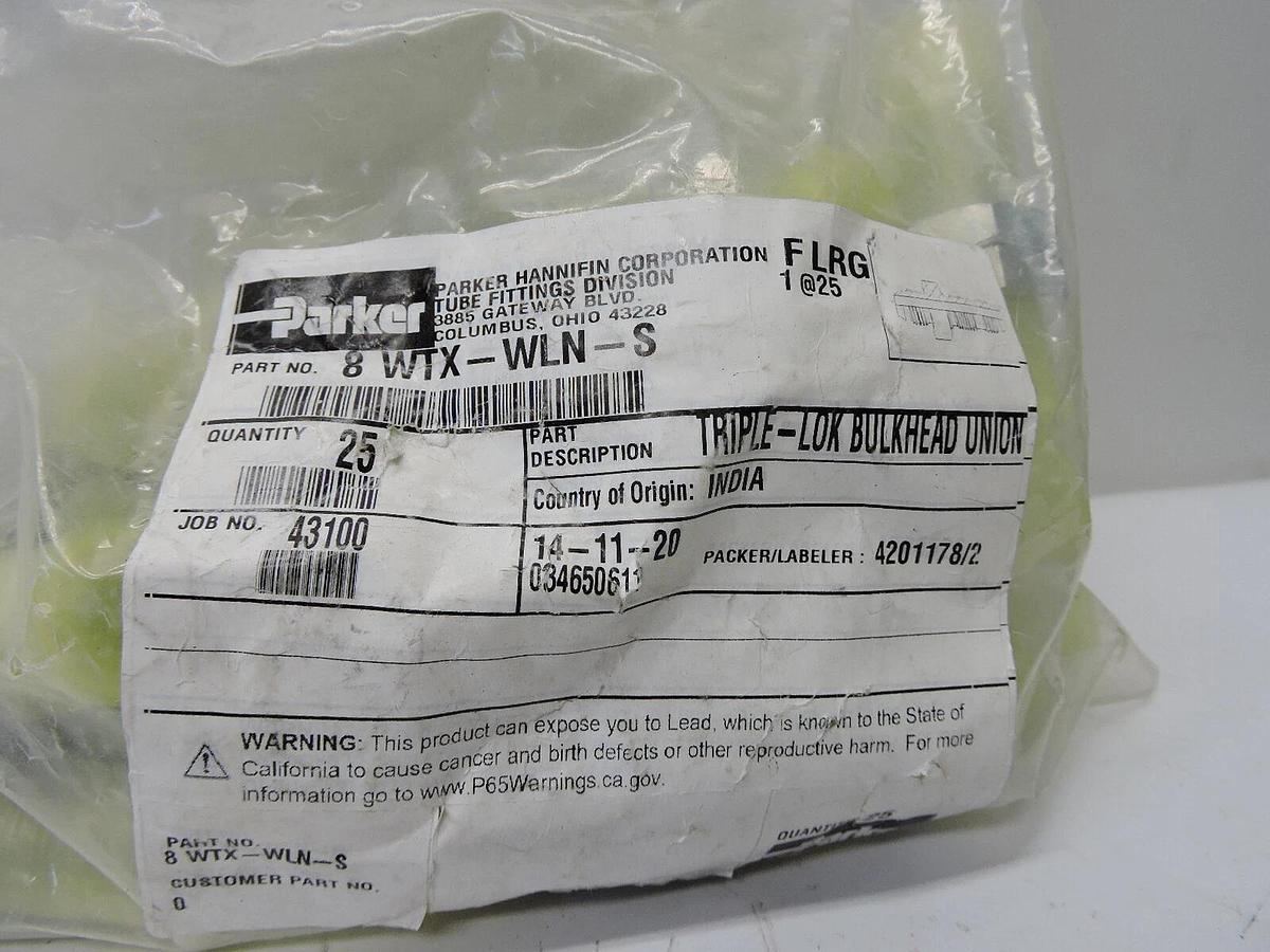 (25 Pack) Parker 8 WTX-WLN-S Triple-Lok Bulkhead Union GENUINE OEM - NEW!