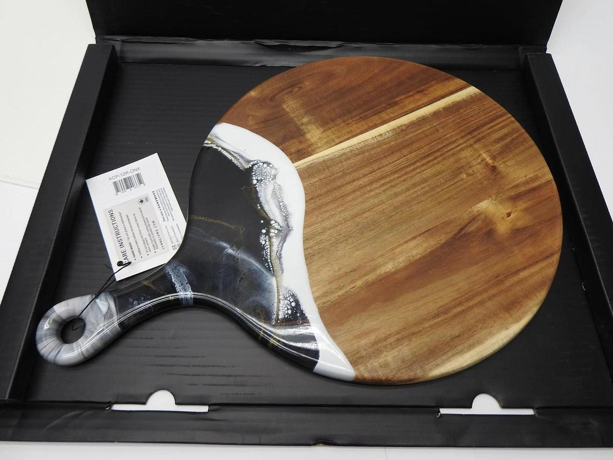 LYNN & LIANA Round Cheese Paddle Acacia Board ONYX 12" Diameter, 5" Paddle