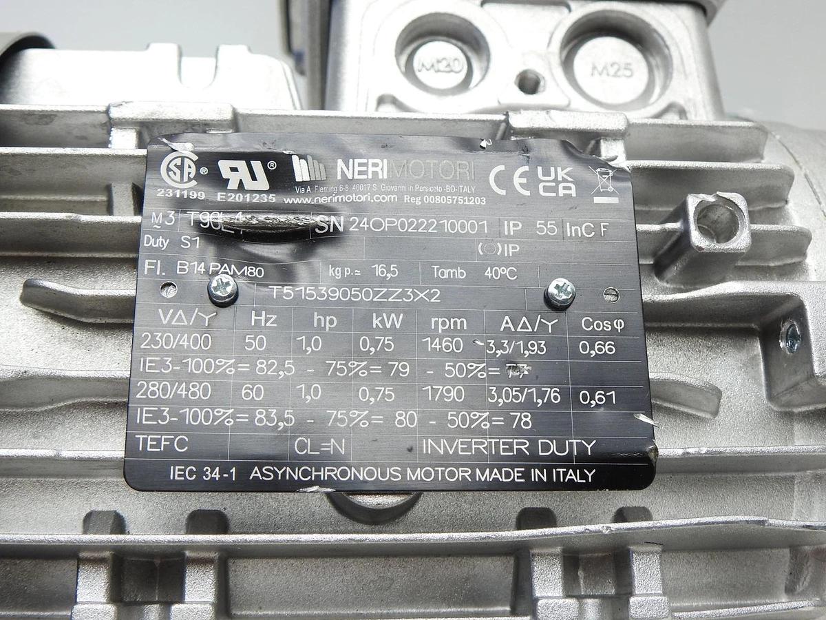 Neri Motor T90L4 1.0 HP, .75 kW, 1460 rpm Asynchronous Motor (Italy) - NEW READ