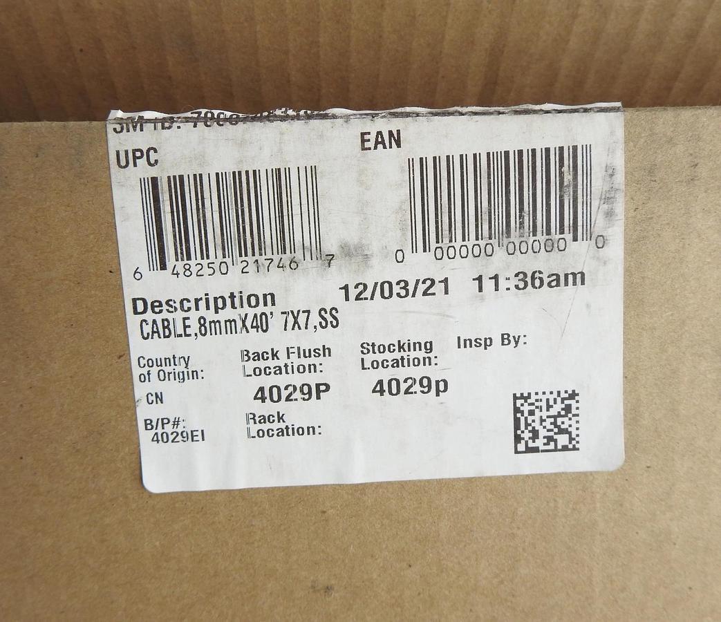 3M Fall Protection Cable replacement 8mm x 40' 7X7, SS GENUINE OEM NEW