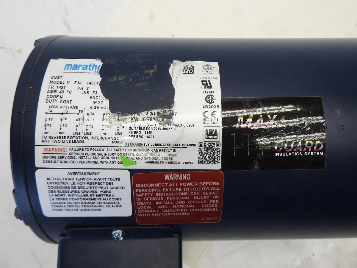Marathon Electric Motor 143T Series PH 3, 0.75KW 143TTF