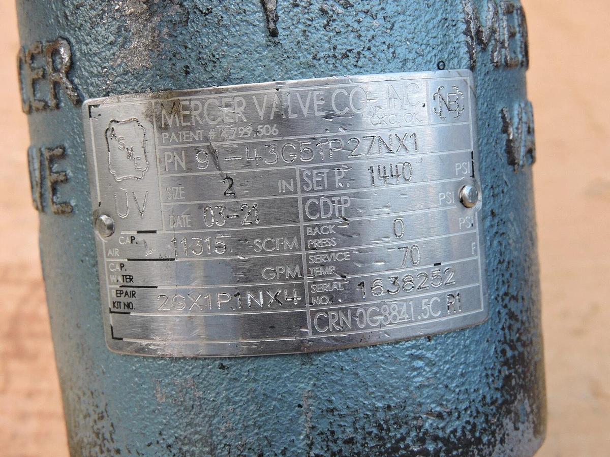 MERCER 9100 Series Pressure Relief Valve (2") 91-43G51P27NX1 - NOB NEW!