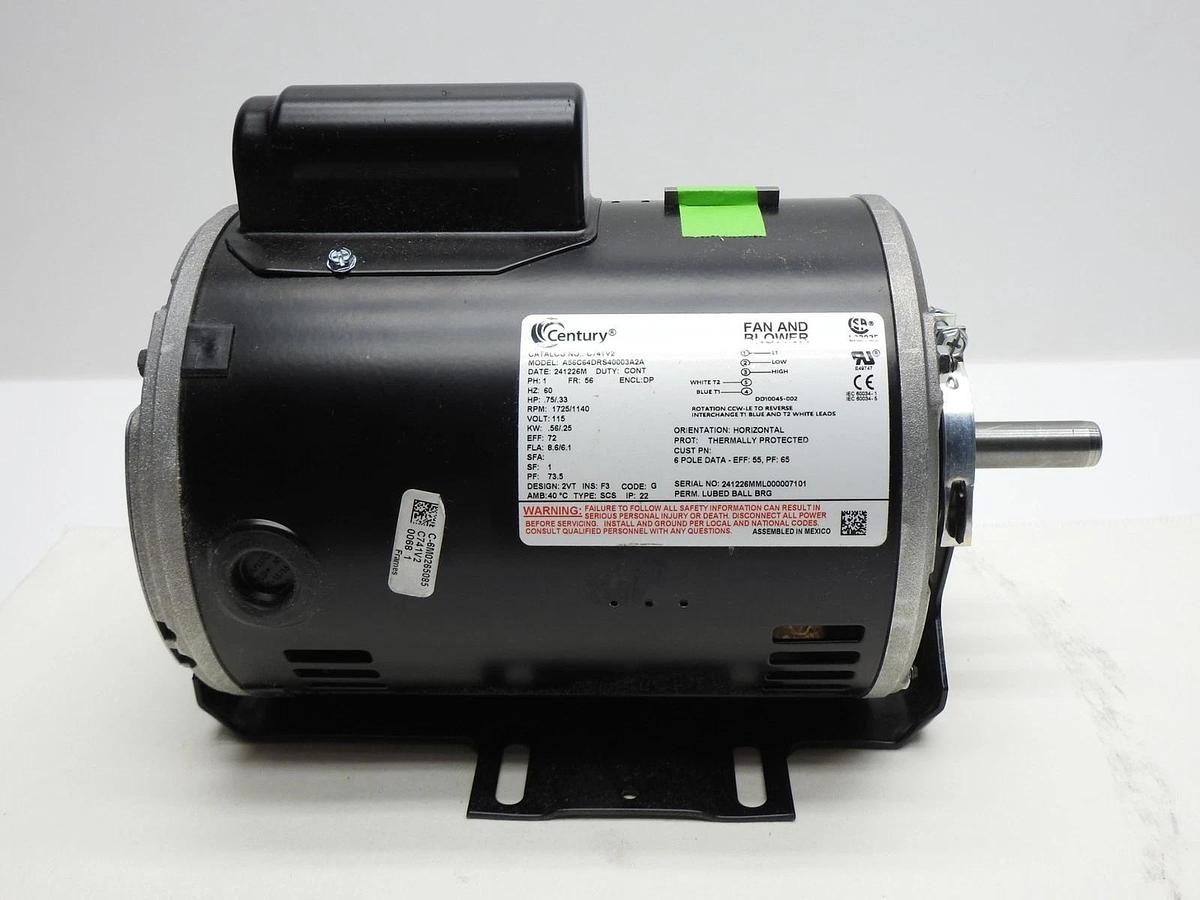 Century C741V2 3/4 hp 1725 RPM 2-SPD 56 Fr 115V Belt Drive Blower Mtr Cap Start