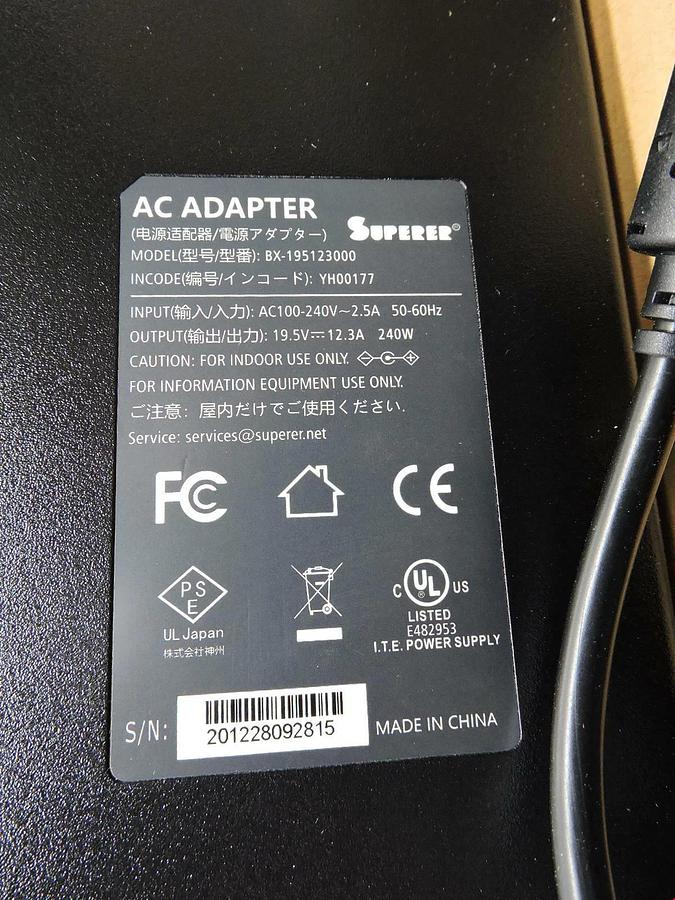 Superer 240W 19.5V 12.3A AC Power Adapter Charger Cord for Alienware 7mm Tip NEW