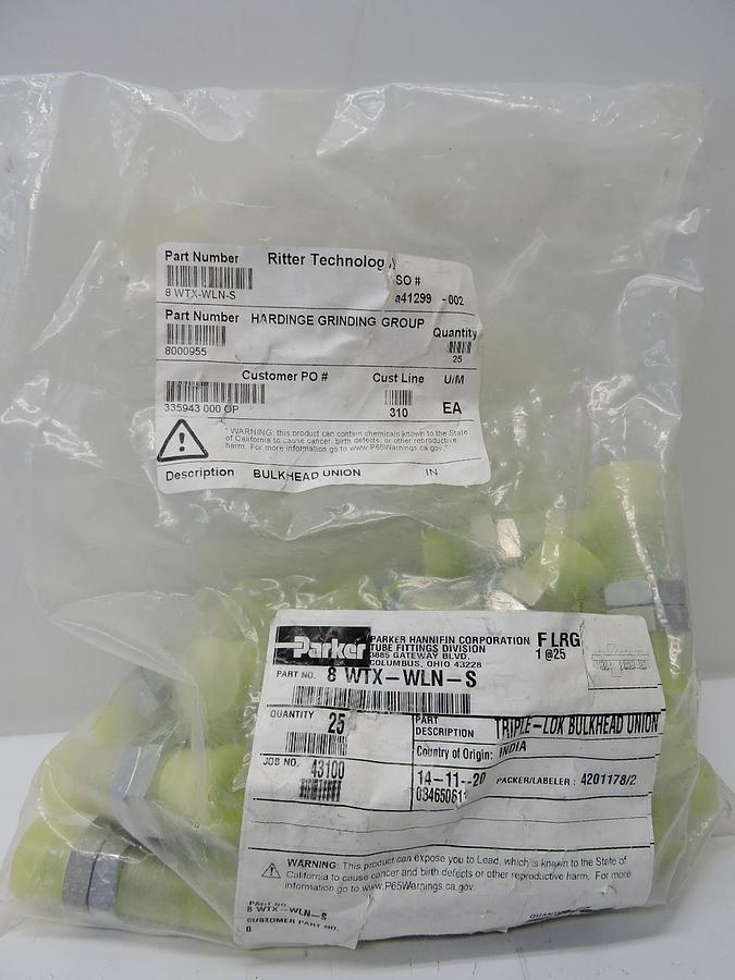 (25 Pack) Parker 8 WTX-WLN-S Triple-Lok Bulkhead Union GENUINE OEM - NEW!
