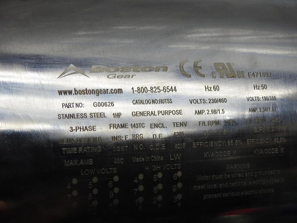 1 HP Boston Gear G00626 HUTCSS Stainless Steel Motor 143TC 208-230/460 1720 RPM