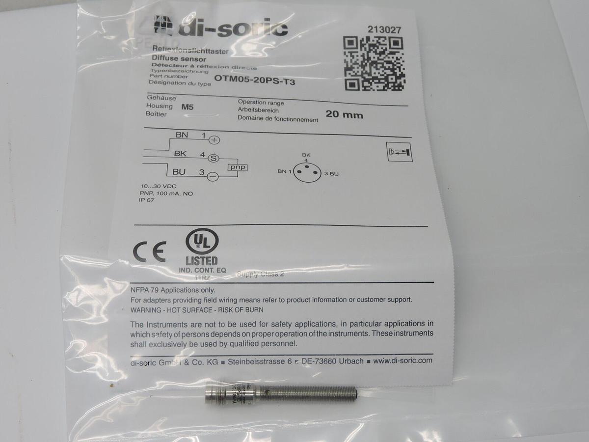Di-Soric 213027 Diffuse Optical Sensor 0.787" OTM05-20PS-T3
