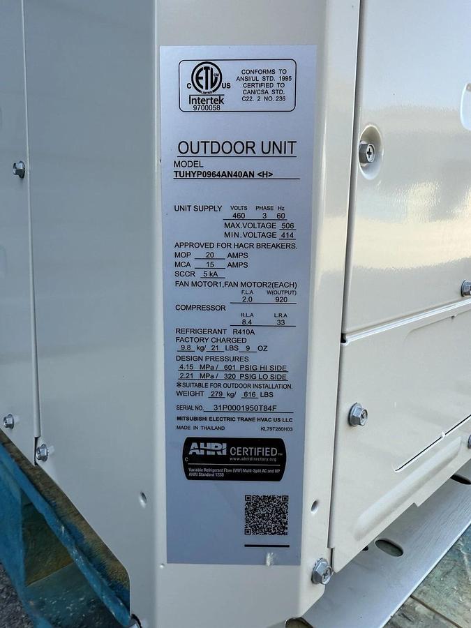 Trane Mitsubishi TUHYP0964AN40AN VRF Heat Pump 8-Tons, 460V Air Cooled Outdoor