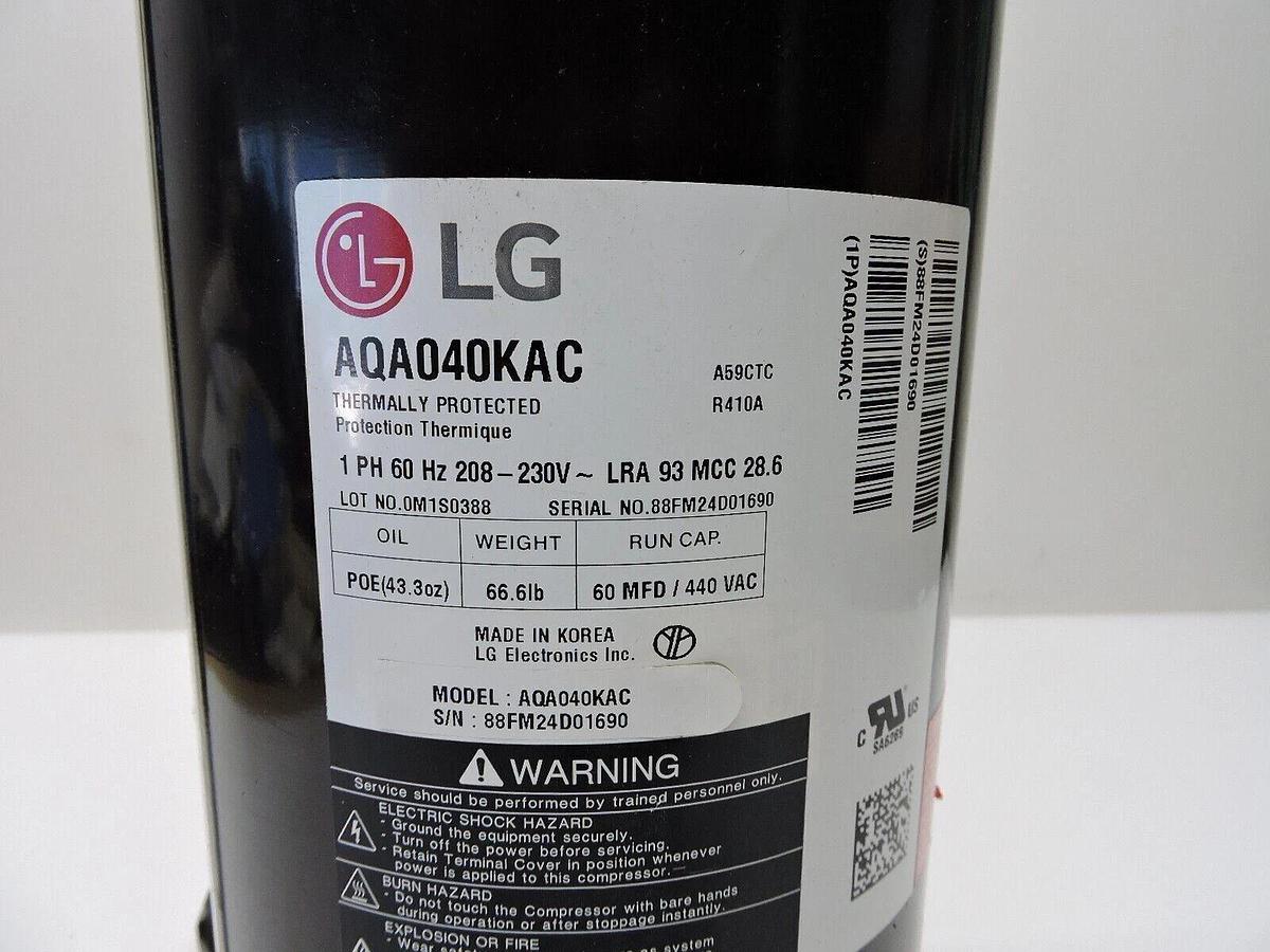 LG AQA040KAC Scroll A/C Compressor 40,000 BTU 230V 1PH 60HZ R-410A - NEW READ!