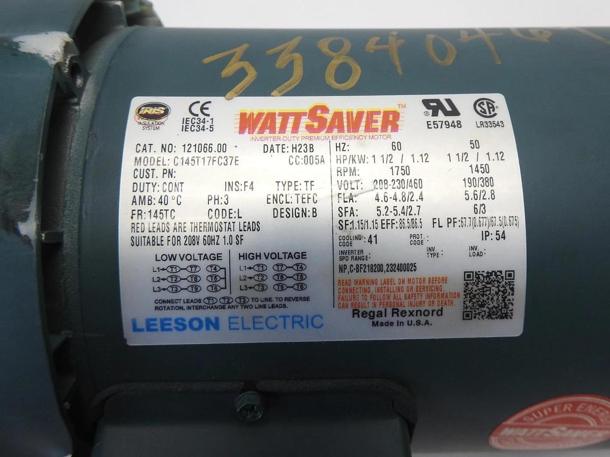 Leeson 121066.00 WATTSAVER Electric Motor 1.5 HP, 1750 Rpm, 3PH, 230/460 Volt