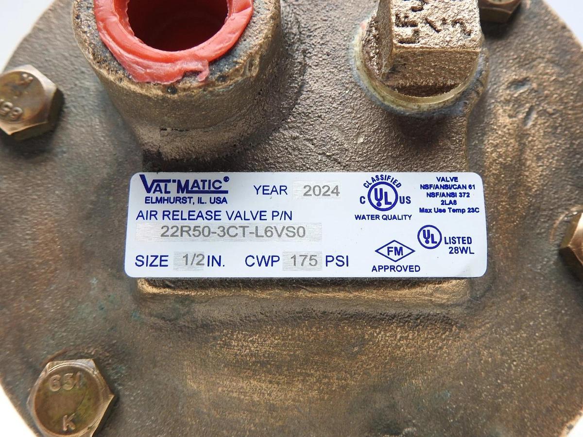 Val-Matic Air Release Valve 22R50-3CT-L6VS0 (1/2", CWP 175 PSI) 22R50 - NOB NEW!