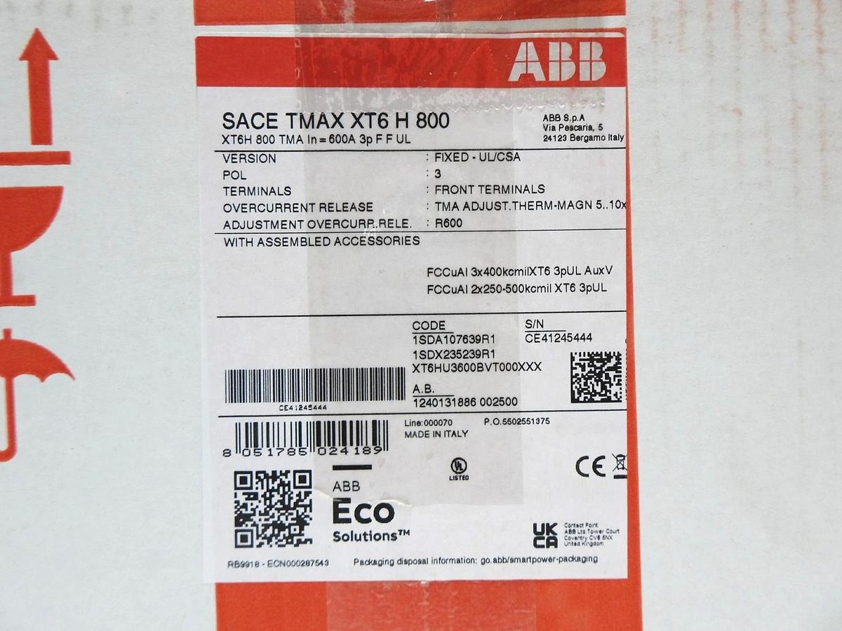 NEW! ABB SACE TMAX XT6H 800 TMA In=600A 3p F F UL (1SDA107639R1) Circuit Breaker