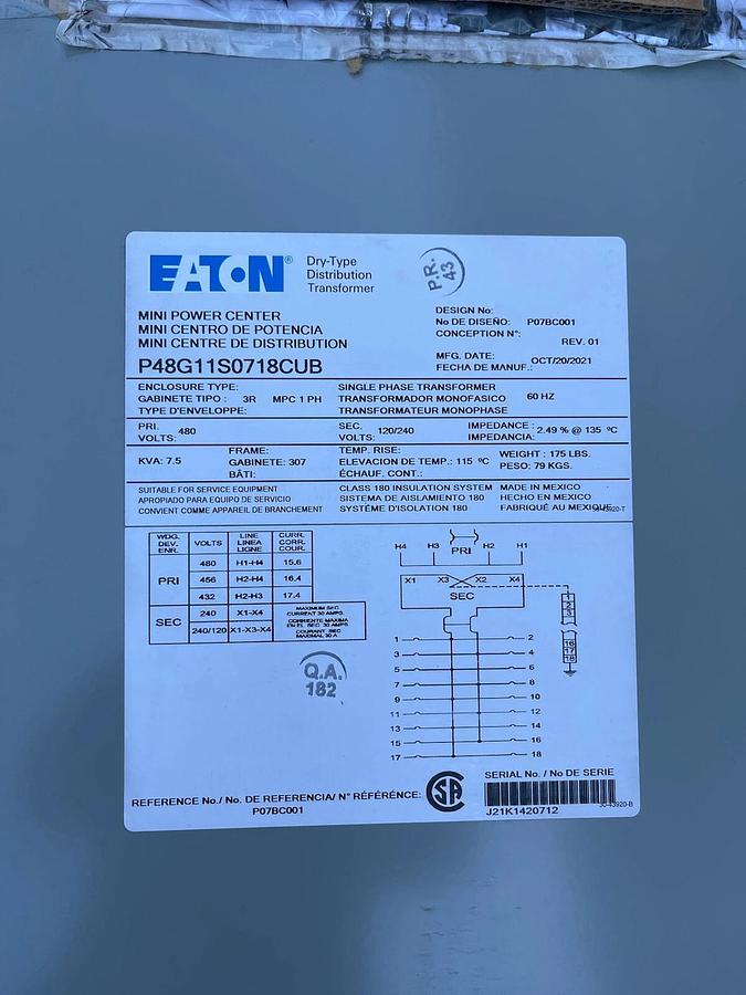 Eaton Mini Power Center 7.5 KVA 1 Phase 60 HZ P48G11S0718CUB - NEW