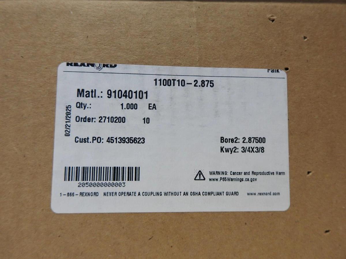 Rexnord 91040101 BORE: 2.87500 , 3/4X3/8 1100T10-2.875 Gear Coupling Hub NOB NEW