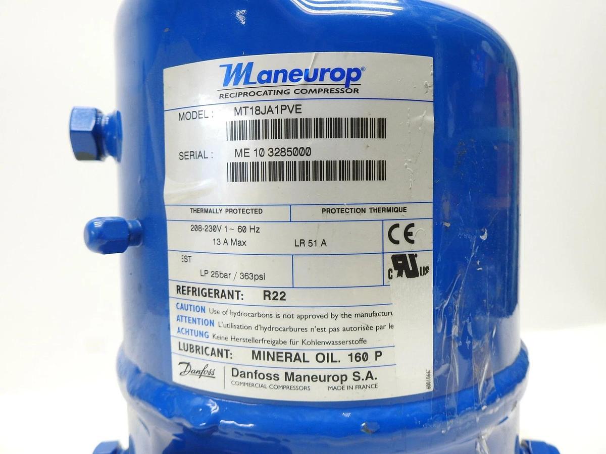 Danfoss MT18JA1PVE 230v1ph 1.5hp RecipCompressor MT18-1VI Maneurop - BULK NEW!